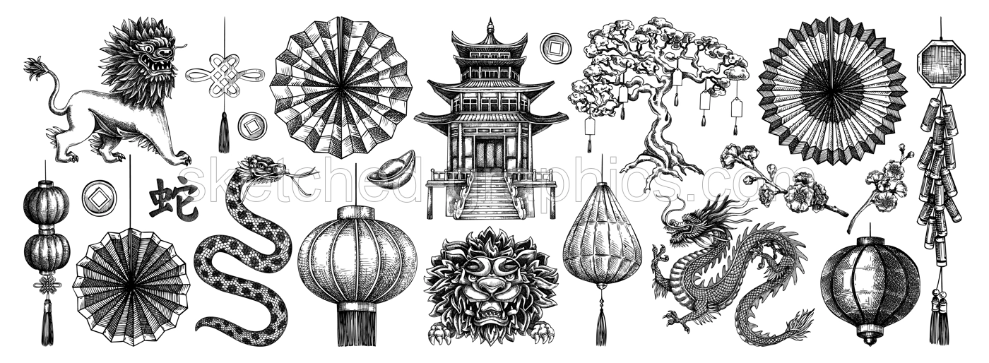 Traditional China sketches set. Chinese New Year decoration. Hand-drawn vector illustrations. NOT AI generated Illustration